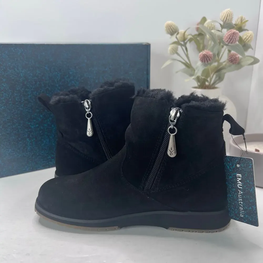 EMU Australia Beach Mini Leather Merino Wool Lining Boots Black Women's 5 NWB